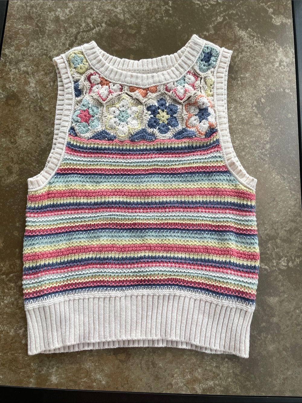 American Eagle Cream Knit Tank Sweater with Multicolor Crochet Trim small